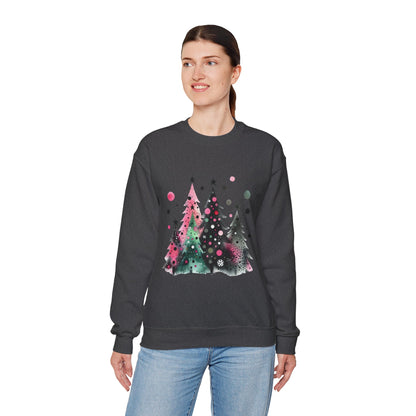 Christmas Tree Crewneck Sweatshirt — Watercolor Holiday Trees Graphic