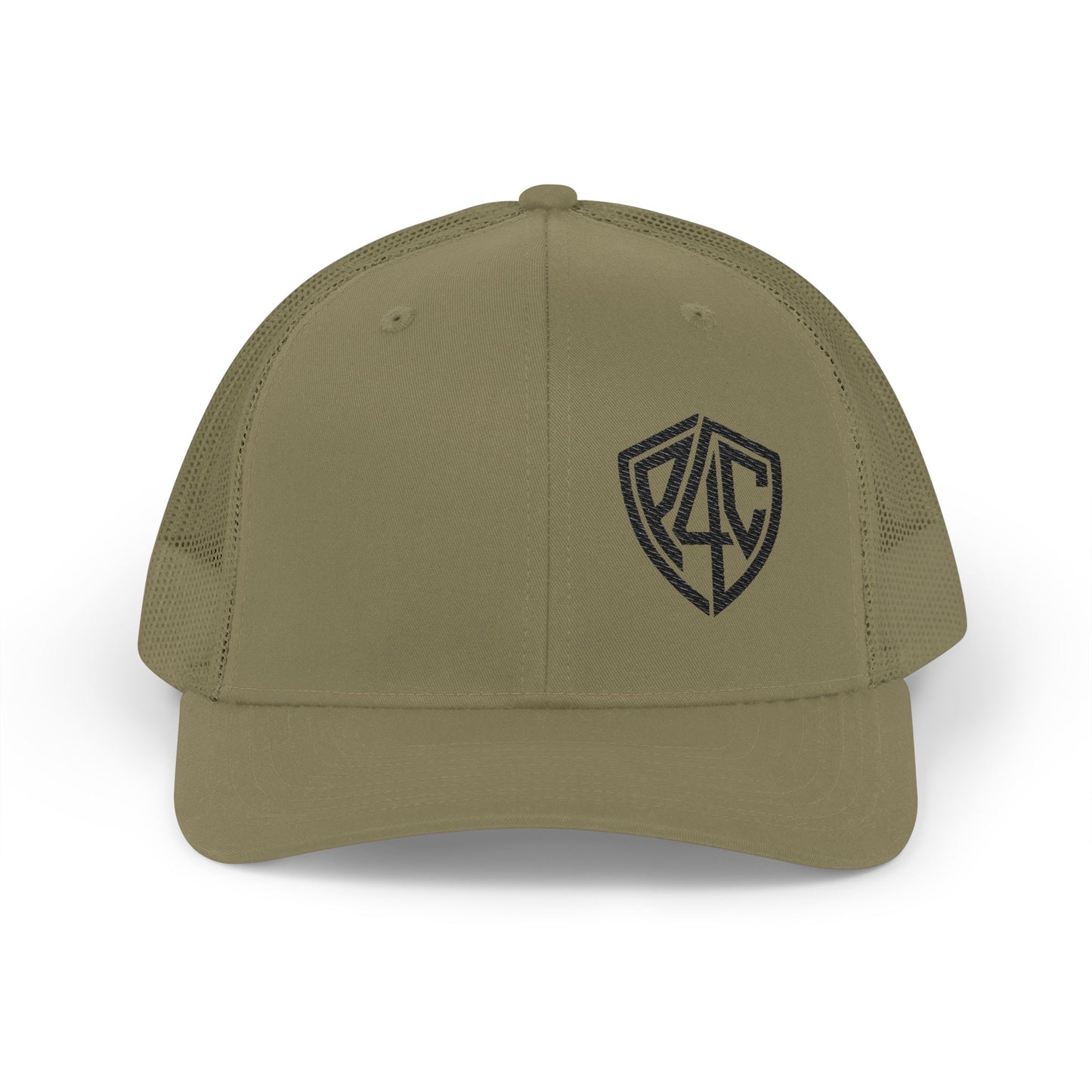 Embroidered Shield Snapback Trucker Hat — Classic Mesh Cap with Monogram Patch